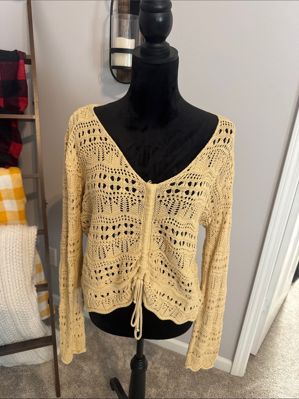 Lulu's Pale Yellow Open-Knit V-Neck Drawstring Sweater